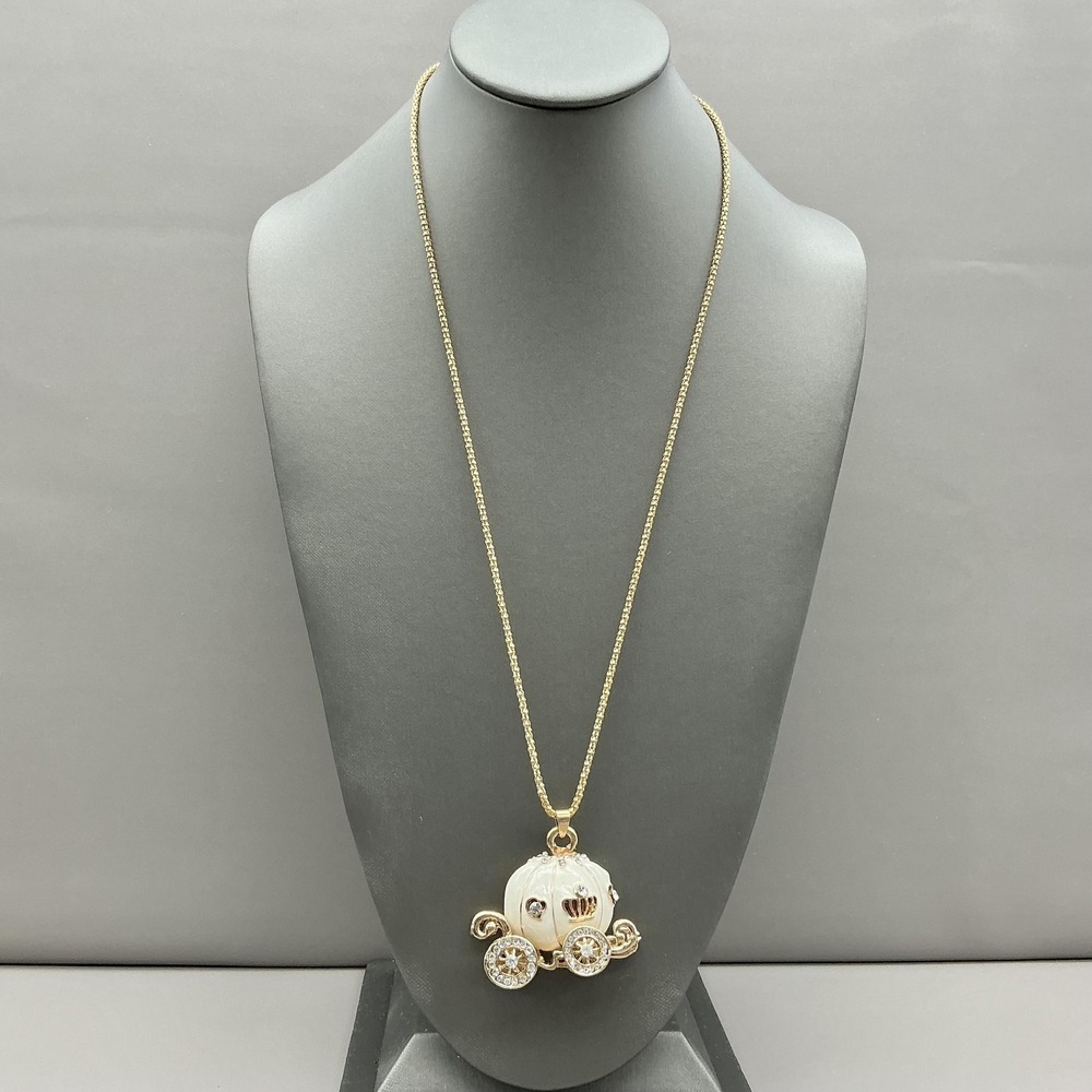 Betsey Johnson Necklace Pumpkin Coach Charm Cinderella Pendant Gold Tone 24"